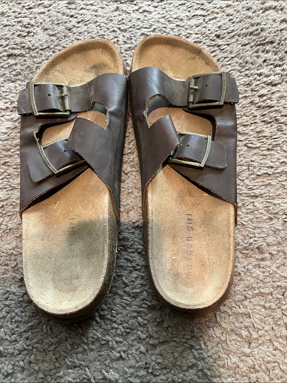 Madden Girl Brown Double Buckle Slide Sandals